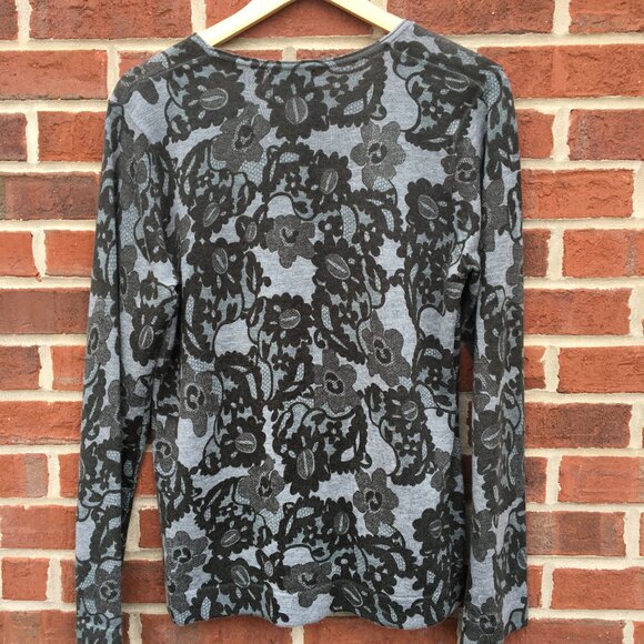 Focus 2000 Cardigan Sweater Large Gray Floral Foliage Print Button Up Deep Vneck - Picture 2 of 6